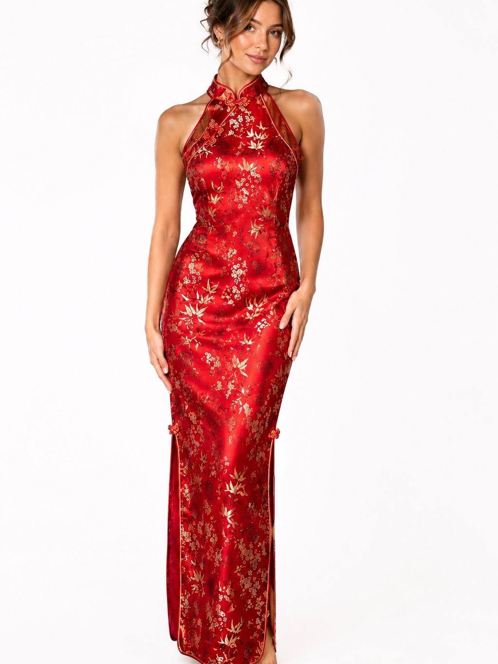 Red Floral Satin Maxi Dress